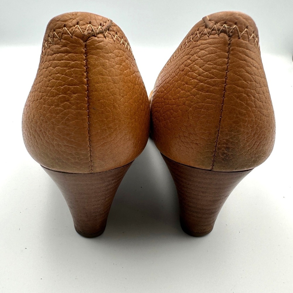 Tory Burch Sally Gold Peep Toe Wedge Heels Shoes Royal Tan‎ Leather 6.5 Designer - Picture 3 of 12